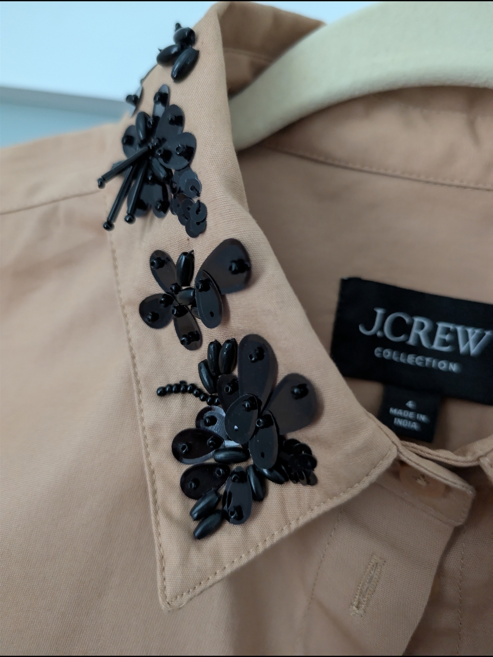 J. Crew Tan Short-Sleeve Button-Down Shirt with Black Floral Collar - Picture 5 of 5